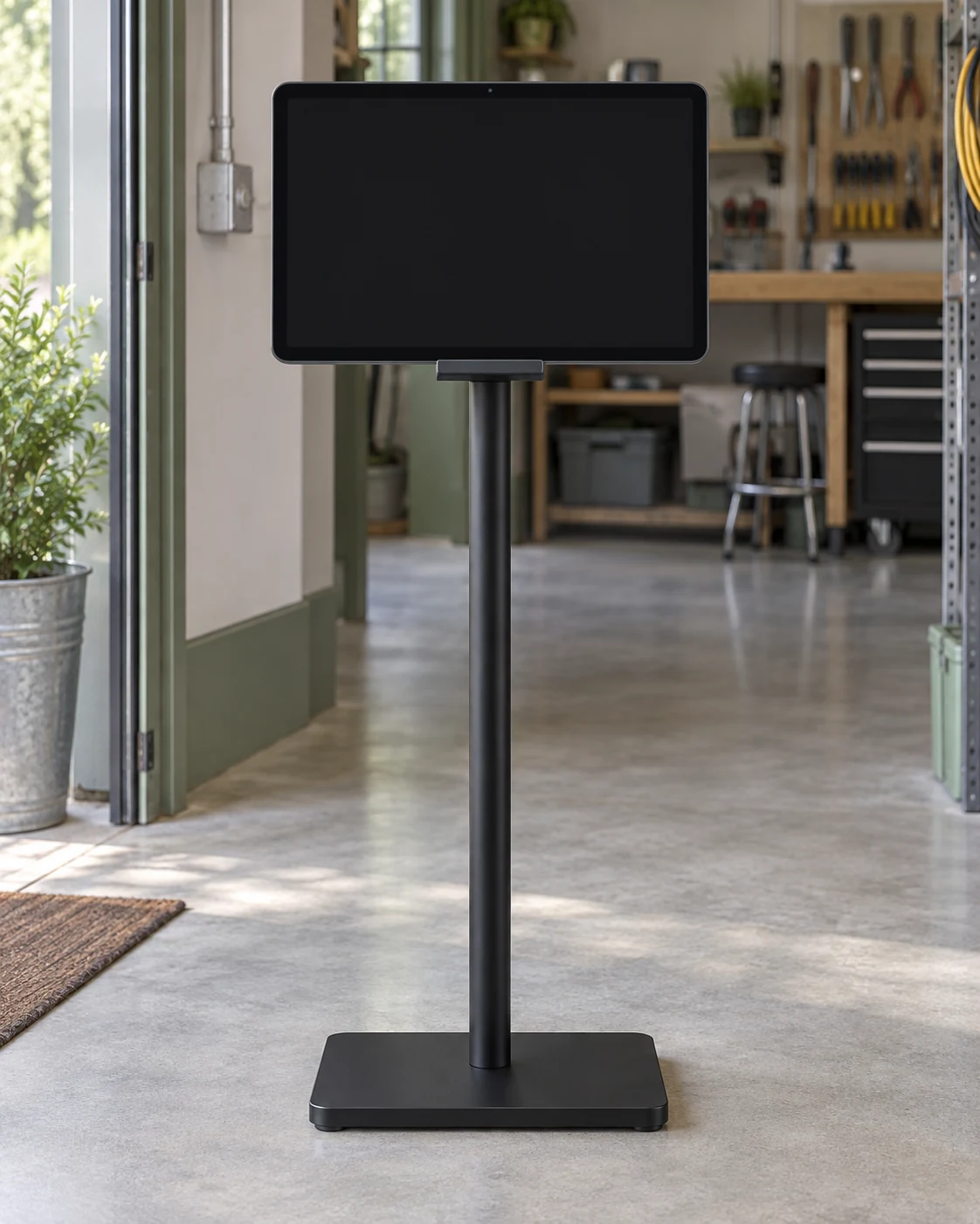 Tablet on a stand at a workshop entrance